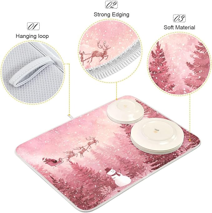 Christmas Forest with Snow Falling Santa Dish Drying Mat for Kitchen Counter Super Absorbent Drying Mat 18x24 inch Large Dish Drying Matts for Countertop Protector Dishes Pad