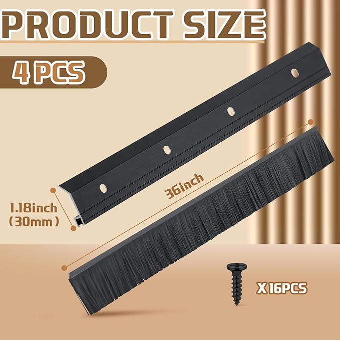 Hushee 4 Pack 36 Inches Brush Door Sweep for Exterior, Aluminum Commercial Door Sweep Bottom All-Season Alloy Brush for Exterior and Interior Sealing Gaps Keeps Cold Air, Dust Out (Black)