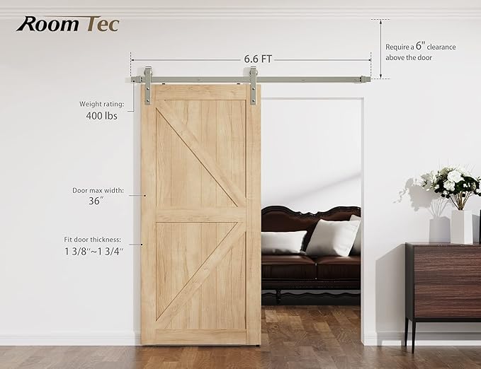 6.6FT Colorful Sliding Barn Door Hardware Track Kit, Brushed Nickel Roller Kit for 1 Door, J Shape(No Door) (6.6 FT-J Shape-Brushed Nickel)