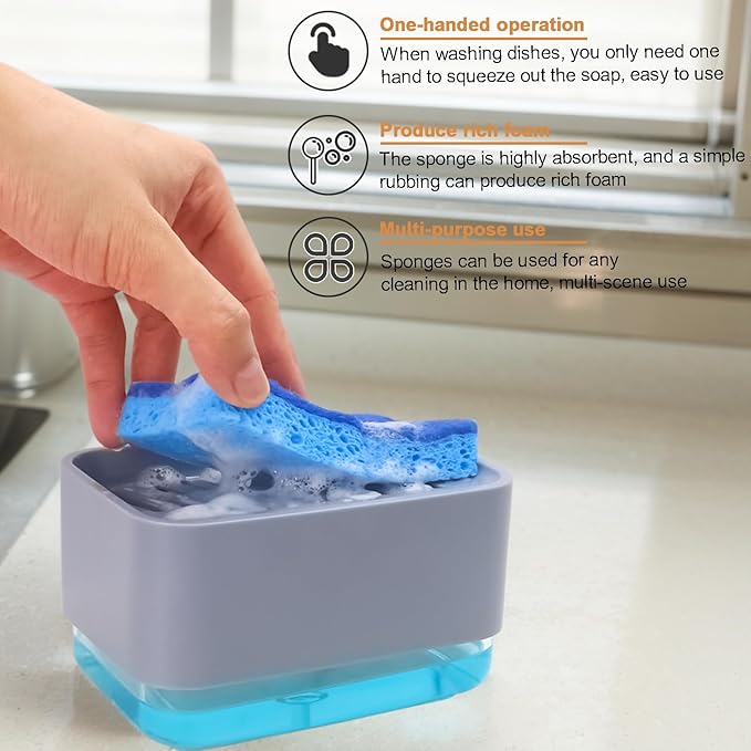 Dish Soap Dispenser with Sponge Holder for Kitchen Sink, 2 in 1 Kitchen Soap Dispenser with Water Scraper, 2 Pack Scratch Dish Sponges for Kitchen Countertop, Sink, Bathroom, Cleaning Gadgets