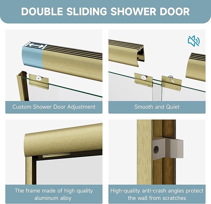 Shower Door 44-48 in. W x 72 in. H, UCALAFEE Semi-Frameless Double Sliding Shower Door with 1/4" (6mm) SGCC Clear Tempered Glass, Silent Soft-Close & Anti-Leak Walk-in Shower Door, Brushed Gold