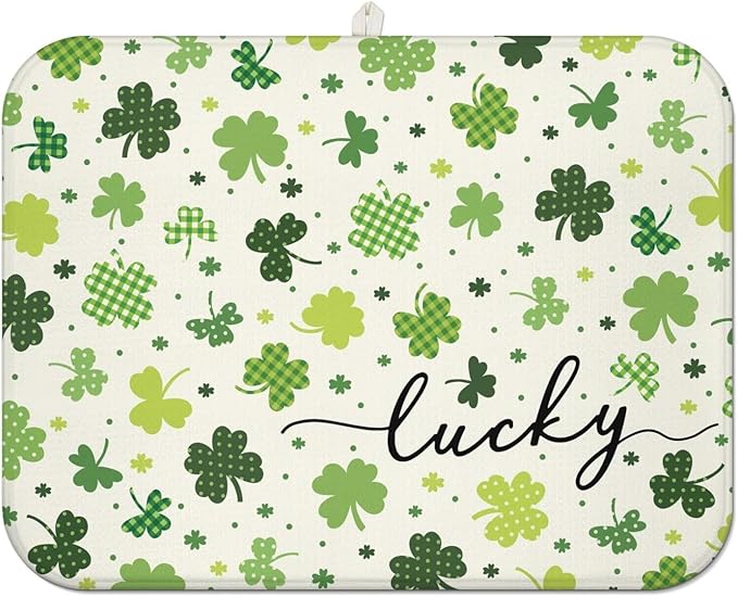 St. Patrick's Day Dish Drying Mat for Kitchen Counter, Green Four-Leaf Clover Microfiber Drain Mat, Shamrock Rug, Washable and Absorbent,18 x 24Inch