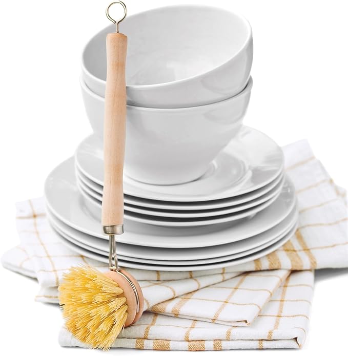 HIC Kitchen Natural Bristle Veggie and Dish Scrub Brush, Non-Scratch Natural Tampico Bristles with Wooden Handle