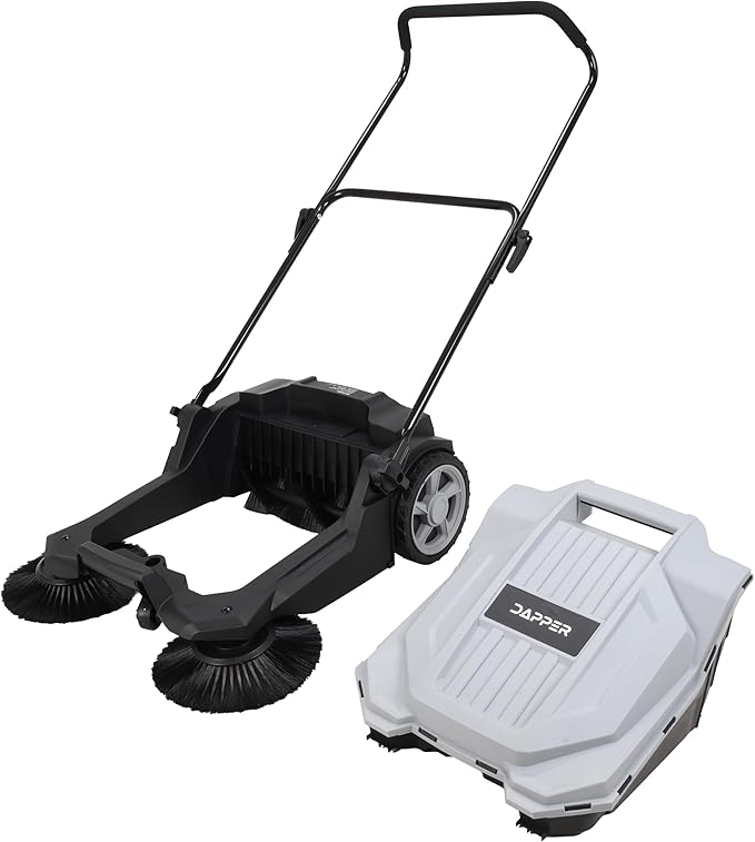 Walk-Behind Outdoor Hand Push Floor Sweeper - 5.25 Gallon Capacity - 25.5" Sweeping Width - Sweeps up to 27,900 ft/Hour, Grey
