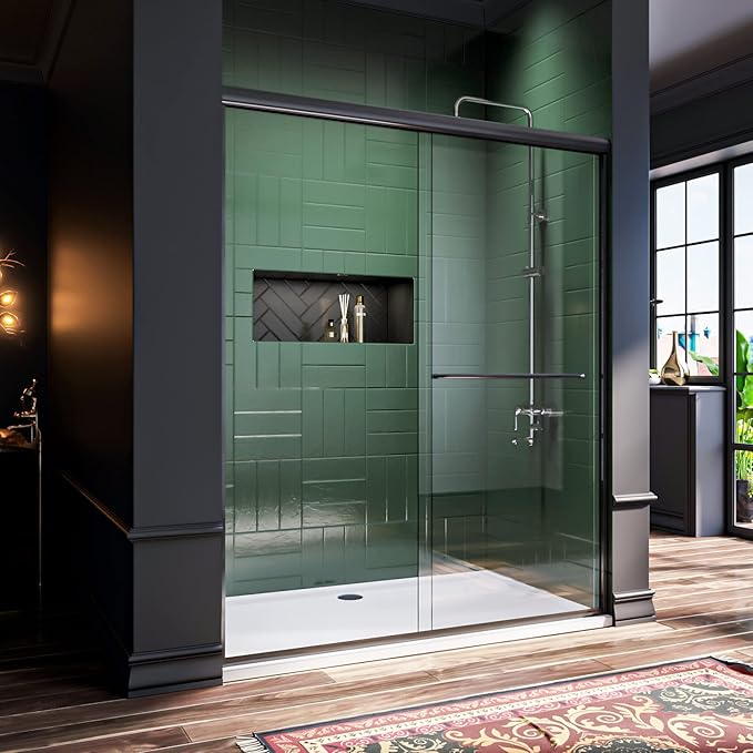 ELEGANT Semi-Frameless Sliding Shower Door 60 in. W x 72 in. H, Bathroom Sliding Door with 1/4'' Clear Glass, Black Hardware Double Sliding Glass Shower Enclosure