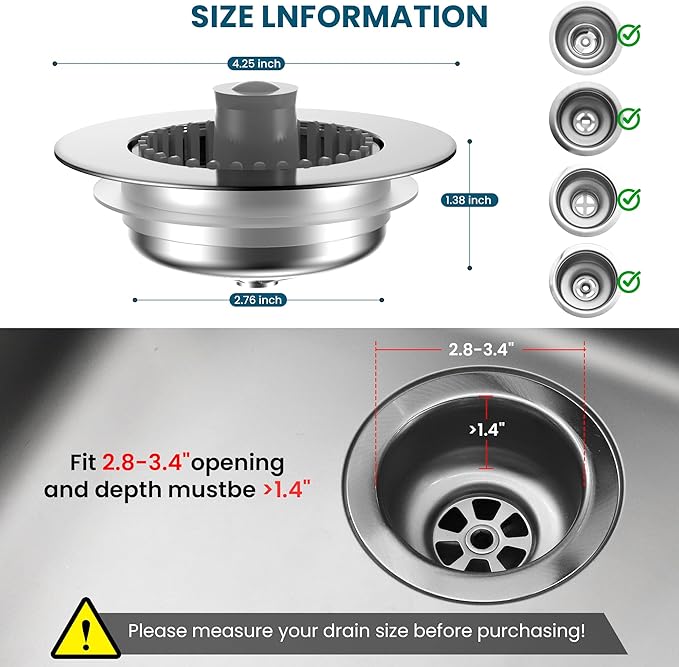 3-in-1 Kitchen Sink Strainer & Stopper, Stainless Steel Finish Pop Up Drain Plug – Anti-Clogging Food Catcher with Brass Core – Fits Standard 3.5 Inch Drain, Heavy Duty Replacement