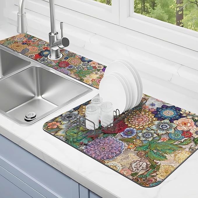 Dish Drying Mat for Kitchen Counter Matt, 2PCS 23"x15" Dish Drainer Mat & 24"x5.5" Sink Splash Guard, Super Absorbent Non-slip Rubber Backed