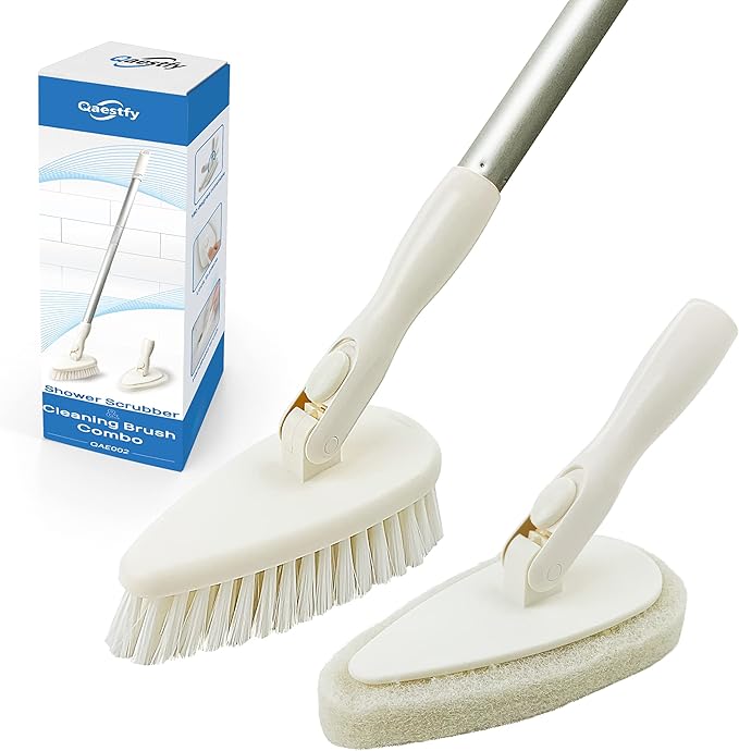 Qaestfy Shower Scrubber Cleaning Brush Combo Bath Tub Tile Cleaner Scrubber Brush with 51'' Adjustable Long Handle Scrub Brush for Bathroom Shower Bathtub Wall Mop Cleaning Scrubbing