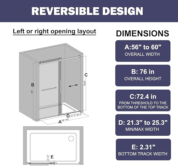 Frameless Sliding Shower Door 56–60" W x 76" H, 5/16" Tempered Glass with Dual-Sided Easy to Clean Coating, Shower Glass Door with SUS304 Stainless Steel Hardware & 20" Towel Rack, Bright Chrome