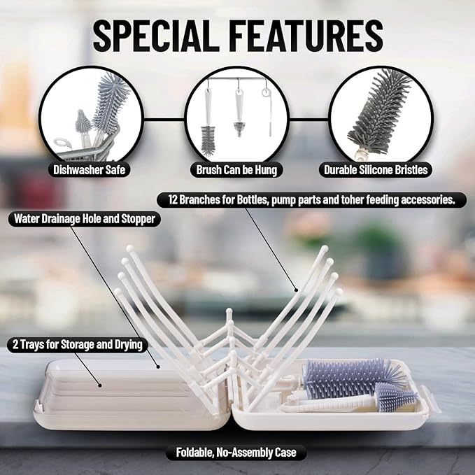 Bottle Brush Set Cleaner Silicone Brushes - Premium Food-Grade Silicone - Travel Friendly Portable Baby Bottle Cleaner Kit (White, Classic Style)