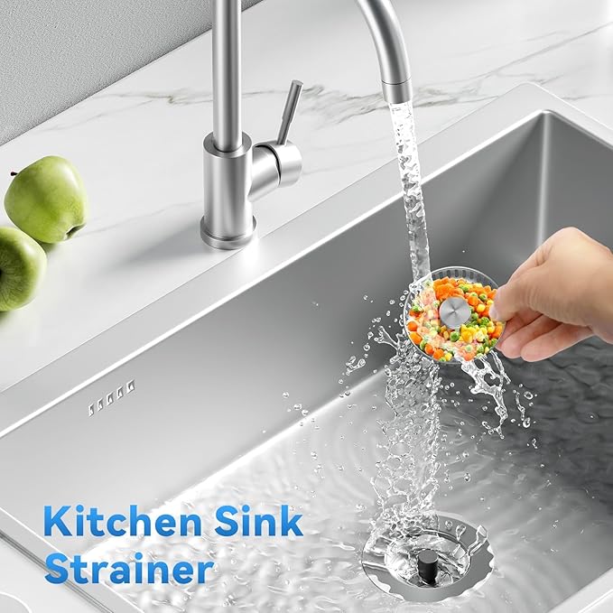 3-in-1 Stainless Steel Kitchen Sink Drain Strainer, JOMST Kitchen Gadget – Fast Drain, Water-Saving Stopper & Odor Blocker， Fits Standard 3.5″ Sink Drains
