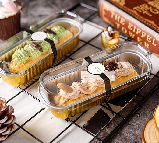 50 Pack Mini Cake Pans with Lids and Spoons Gold Rectangular Aluminum Foil Baking Pans Mini Cheesecake Containers(6.8oz)
