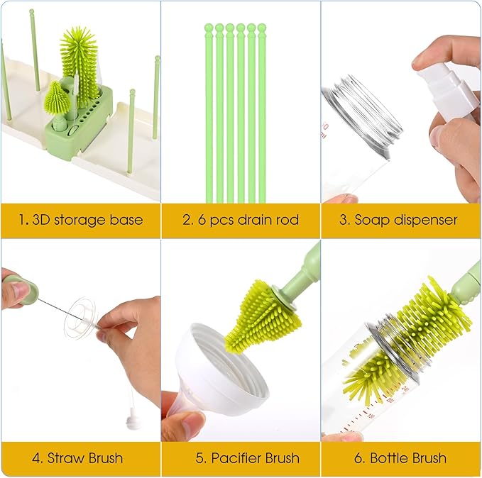 Travel Baby Bottle Cleaner Kit，7-in-1 Baby Bottle Brush Set for Travel and Home, All-in-One Baby Bottle Washing Kit: Integrated Cleaning & Drying System for Bottles and Breast Pump Parts (Green)