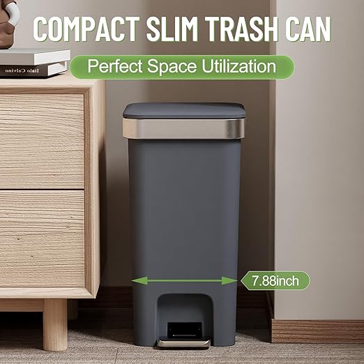 2 Pack Bathroom Garbage Can with Lid, 2.6 Gallon /10 Liter Small Trash Can, Press Top Bin & Step Metal Pedal Trash Bin, Waste Basket for Bedroom, Home Offices, Small Spaces, Dorm (Black Gray)