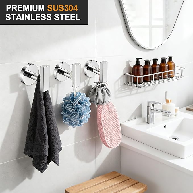 Nolimas Towel Hooks for Bathrooms, Chrome Polished Towel Hook for Kitchen Bathroom, SUS304 Stainless Steel Coat Hook, Heavy Duty Robe Hooks for Hanging Towels, Coats, sponges, Wall Mount, 4 Pack