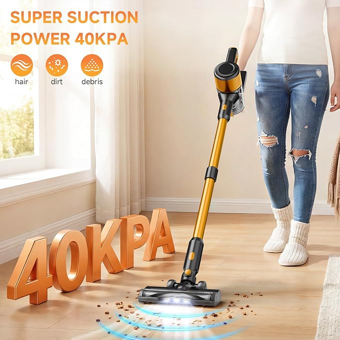 Cordless Vacuum Cleaner, 8 in 1 40Kpa 55Mins,Lightweight Vacuum Cleaners for Home, Stick Vacuum with Anti-Tangle Brush,Wall Mount, Rechargeable Cordless Vacuum for Floor/Sofa/Pet Hair,Golden