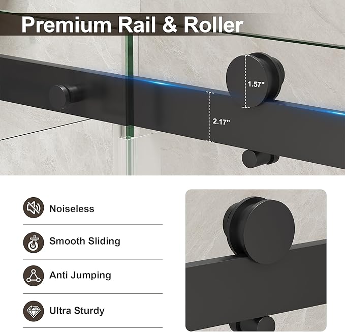 Frameless Shower Door,Single Sliding Glass Shower Door with Nano Coating & Safety Film, Adjustable 55"-60" W x 72" H, Matte Black,1/4" (6mm) SGCC Tempered Glass