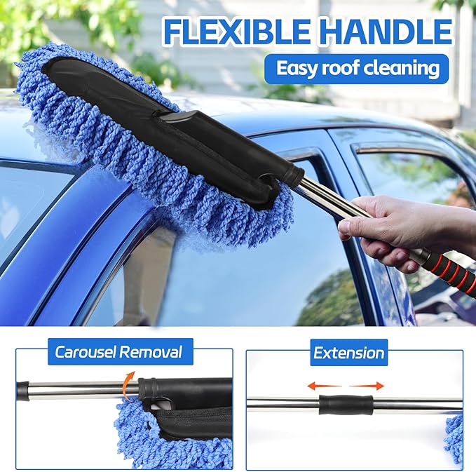 Wuyaoyao 2PCS Car Duster Set, Soft Microfiber Car Duster Interior Exterior, Scratch Free Auto Cleaning Brush with Extendable Handle, Multipurpose Dusting Tool for Auto Office Home Furniture (Blue)