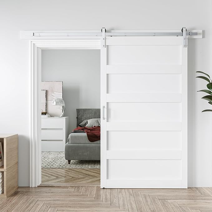 48in x 96in White Sliding Barn Door with 8ft Brushed Nickel Barn Door Hardware Kit & Handle, 5-Panel, Pre-Drilled Holes Easy Assembly, Water-Proof PVC Surface