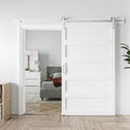 48in x 96in White Sliding Barn Door with 8ft Brushed Nickel Barn Door Hardware Kit & Handle, 5-Panel, Pre-Drilled Holes Easy Assembly, Water-Proof PVC Surface