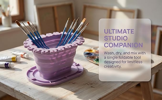 Foldable Silicone Paint Brush Cleaner Cup with Holder, Collapsible Basin for Acrylic, Watercolor & Oil Painting, Portable Artist Travel Supplies, Multi-Size Brush Drying Rack & Mixing Palette,Purple