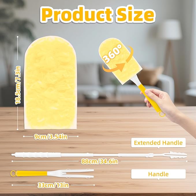 Heavy Duty Dusters Refills, Disposable Dusters Kit Compatible with Swiffer Handles, Multisurface Dusters+1 Extended Handle +1 Handle (Yellow, 360°)