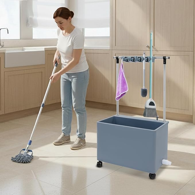 Floor Mop Sink, Mop Service Basin with Cleaning Tool Rack, Floor Mount Slop Sink with Wheels, With Drainage, for Kitchen, Laundry Room, Bathroom and Industrial Use (4 Mop Slots/5 Hooks)