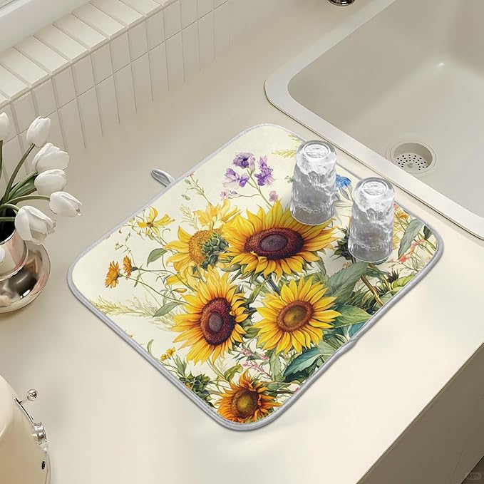 Blooming Sunflowers Dish Drying Mat for Kitchen Counter Absorbent Microfiber Small Drying Pad Dish mats for Kitchen Countertops 16 x 18 Inch