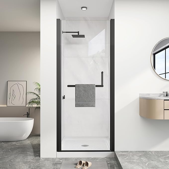 KPUY Pivot Shower Door, 30-32" W x 72" H Frameless Single Swing Glass Shower Door with Explosion-Proof Film Nano Coating, 1/4" (6mm) Thick Tempered Clear Glass, Matte Black