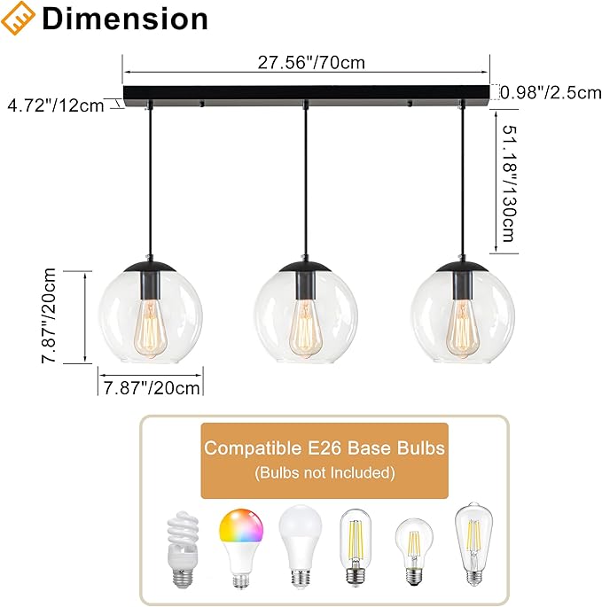 Globe Pendant Light, Modern Hanging Lighting Fixture, Classic Cluster Chandelier with Clear Glass Shades(Black, 3 Lights, 27.6 Inch)