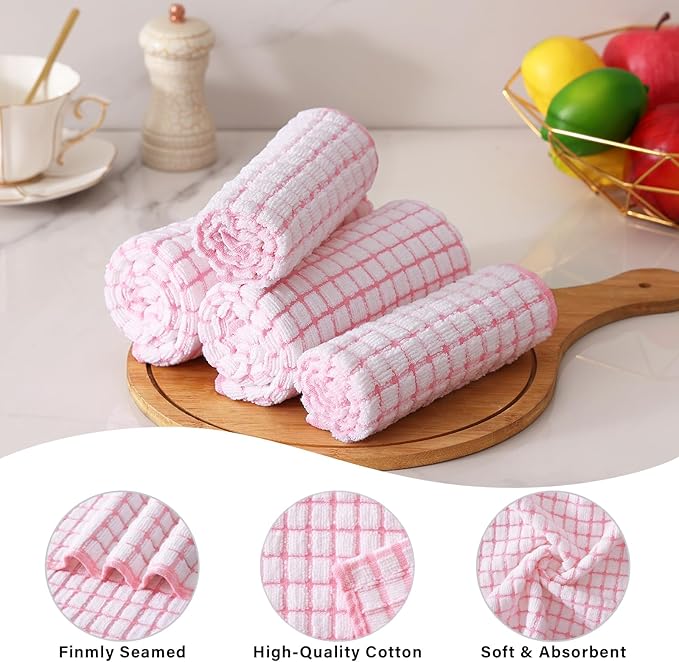 Homaxy Kitchen Towels and Dishcloths Set, 16 x 25 and 12 x 12 Inches, Set of 8 Cotton Terry Kitchen Dish Towels, Super Soft and Absorbent Dish Cloths, Pink