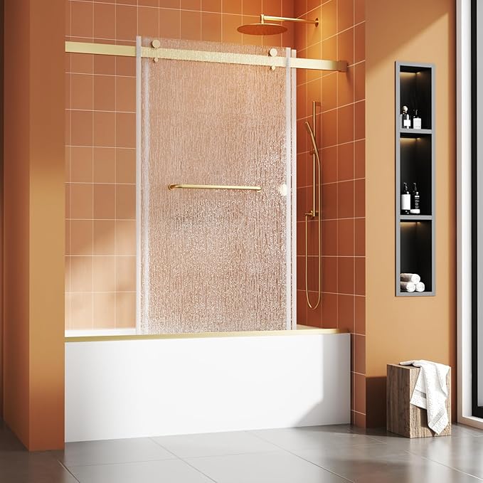 Bathtub Sliding Door 60" W x 56" H, Tub Shower Door, Frameless Bypass Double Sliding Door Tempered Rain Glass with Explosion-Proof Film Brushed Gold