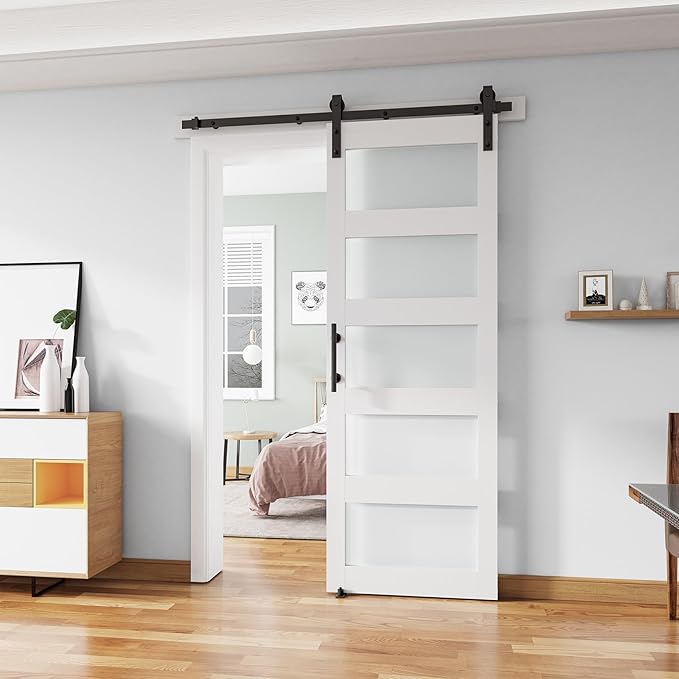 30'' x 80'' Glass Barn Door and 5 Ft Hardware Kit Included, MDF White Barn Door Slab with Frosted Glass, PVC Surface, Combined with Handle and Floor Guide-Assembly Required, White