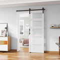 30'' x 80'' Glass Barn Door and 5 Ft Hardware Kit Included, MDF White Barn Door Slab with Frosted Glass, PVC Surface, Combined with Handle and Floor Guide-Assembly Required, White