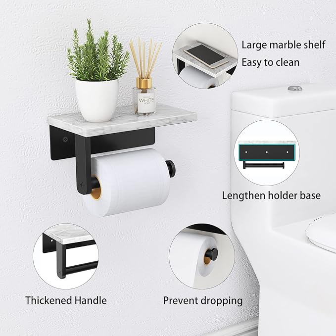 Marble Toilet Paper Holder with Shelf, 304 Stainless Steel Screw Wall Mounted, Tissue Roll Holder for Bathroom Washroom Matte Black