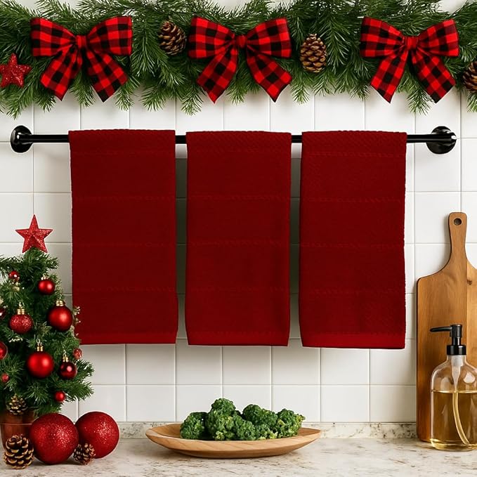Maroon Dark Red Brick Red Kitchen Hand Dish Towels: Oversized 28" x 18",100% Cotton Cloth Soft Cleaning Drying Absorbent Textured Design, Set of 3 Multipurpose for Everyday Use (Brick Red)