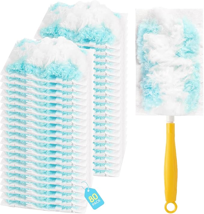 80 Count Disposable Duster Refills for Swiffer with 1 Handle, Microfiber Dusting Pads for Multi-Surface Cleaning, Unscented, Compatible with Swiffer Dusters for Furniture, Blinds, & Vents
