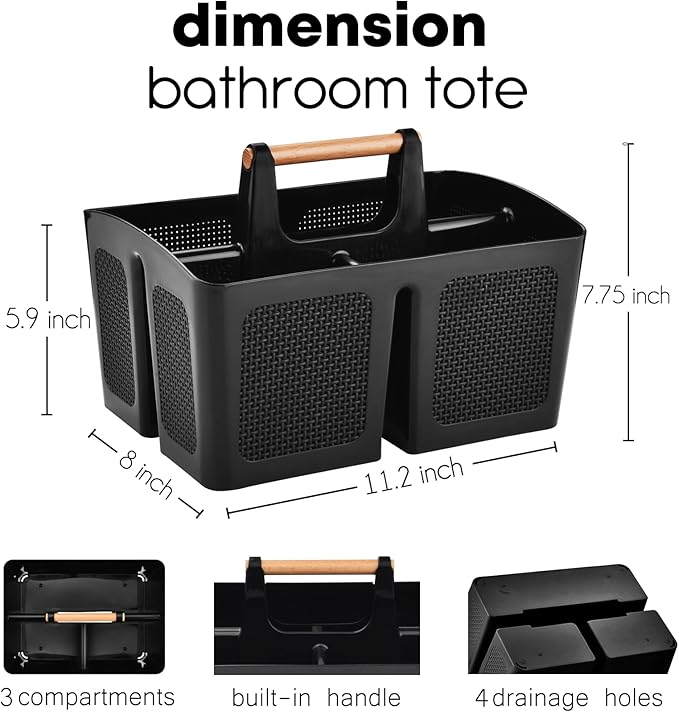 ALINK Portable Shower Caddy Basket with Compartments, Plastic Divided Cleaning Caddy Organizer Storage Tote with Handle for Bathroom, College, Dorm Room Essentials, Black