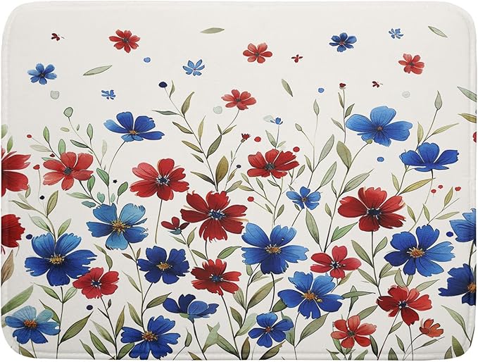 Khope 4th of July Dish Drying Mat for Kitchen Counter 18x24 Inch America Colorful Red Blue Floral Reusable Washable Memorial Day Flowers Drying Pad Countertop Home Decor