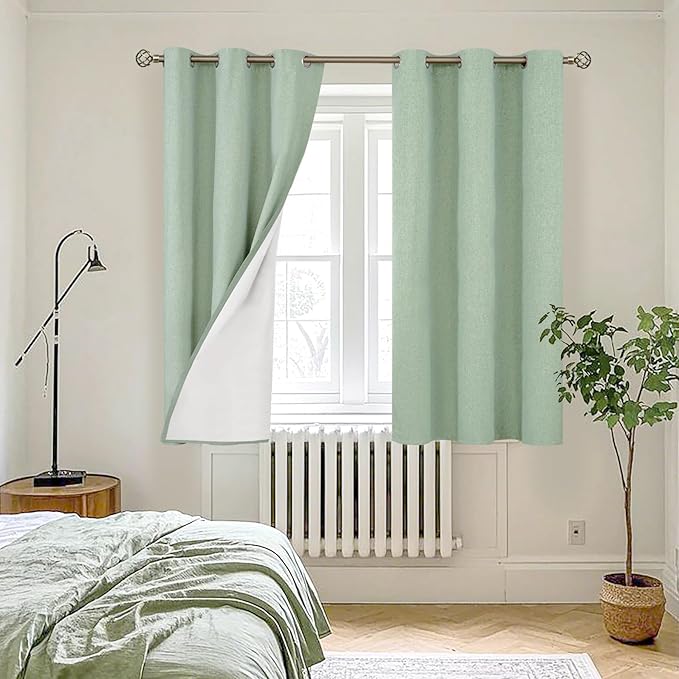 YoungsTex 48 Inch Length 100% Blackout Curtains for Bedroom, Full Room Darkening Thermal Insulated Drapes with Grommet for Short Living Room Window, Light Green, 2 Panels, 42 X 48 Inch
