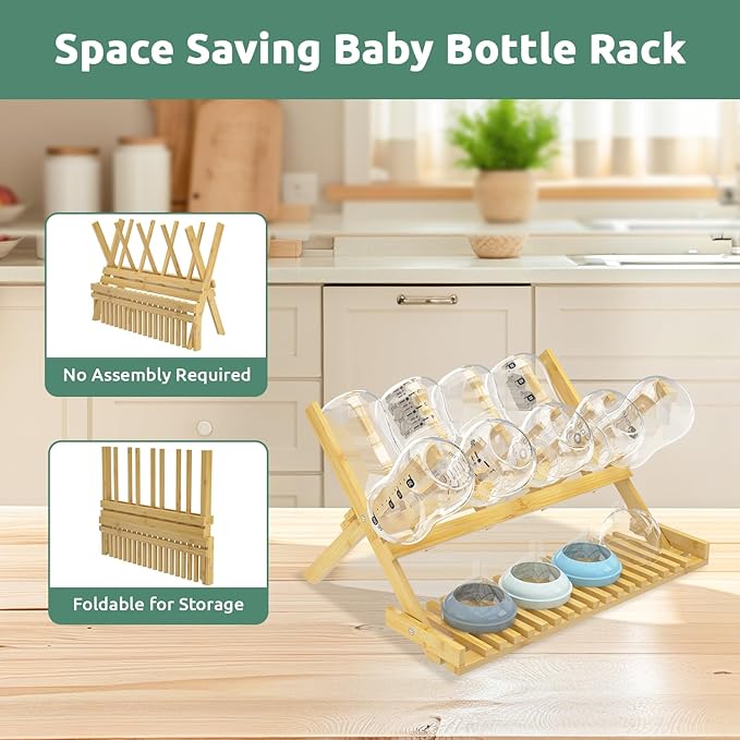 DSVENROLY Baby Bottle Drying Rack Foldable Vertical Bamboo Milk Bottle and Accessories Organizer for Busy Parents, Maximizes Space, Quick Drying, Easy Cleanup & Storage(Yellow)