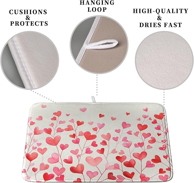 Valentines Pink Love Heart Dish Drying Mat Valentine Day Absorbent Microfiber Dish Drying Pad Heat Resistant Kitchen Counter Draining Mat Extra Large Dish Drainer Rack Mats 16x18 Inch