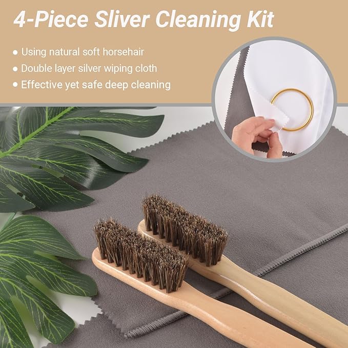 4 Pieces Silver Polish Set, Jewelry Cleaning Brushes Tool Kit Horsehair Brushes and Sterling Silver Cleaning Cloth for Jewelry Coin Silverware Plateware Tarnish Removal