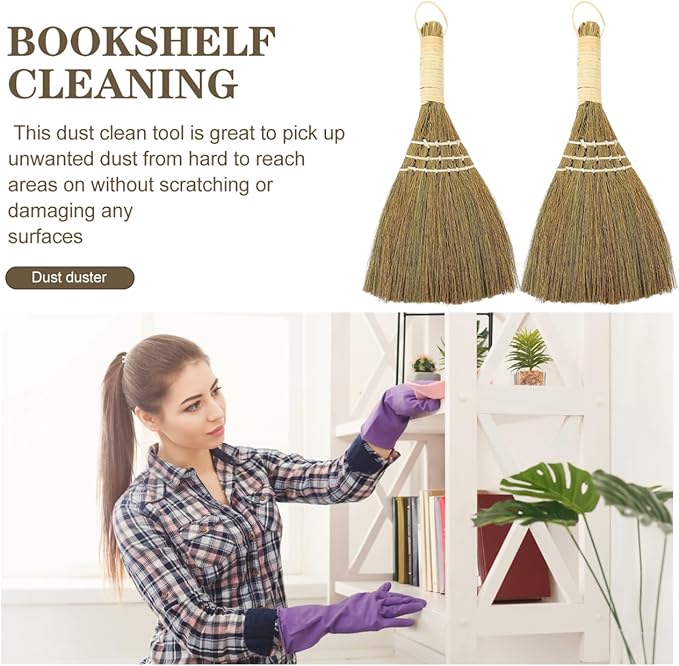 10" Whisk Broom Set of 2, Handheld Straw Broom, Natural Corn Brooms, Portable Wooden Dust Duster for Car, Table, Furniture, Decorative Rustic Sweeper for Home, Garden, Xmas Decor