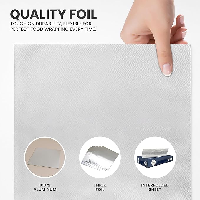 Pre-Cut Aluminum Foil Sheets 12" x 10.7" – Non-Stick, Pop-Up Disposable Sheets for Grilling, Baking, BBQ, Food Storage, and Catering (12X10.7", 200.0, sheet)