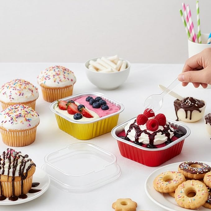 ZEAYEA 60 Pack 10 oz Aluminum Foil Baking Cups with Lids and Spoons, Disposable Foil Ramekins Cupcake Containers, Cupcake Muffin Liners Cups for Wedding Christmas Birthday Party