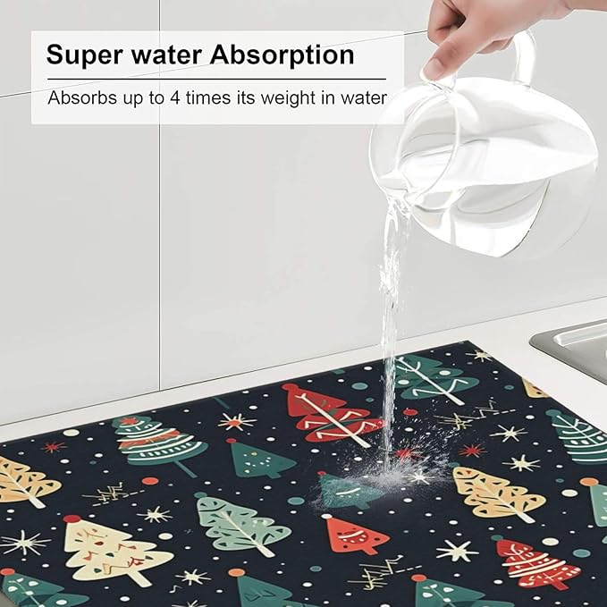 Cute Christmas trees Dish Drying Mat 16x18 inches Microfiber Absorbent Fast Dry Mat for Kitchen Counter Coffee Bar Christmas Large Drying Mat Kitchen Decor Gifts (Christmas Trees, 16x18 inches)
