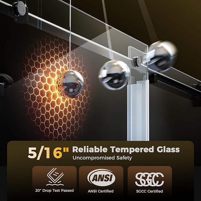 56-60" W x 75" H Frameless Shower Door, Magnetic Sliding Glass Shower Door, 5/16"(8mm) Thick Tempered Glass, Leak-Proof Seals, Stainless Steel Hardware, Easy-Clean Nano Coating, Matte Black