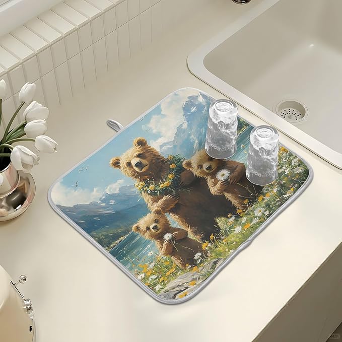 Three Bear Dish Drying Mat for Kitchen Counter Absorbent Microfiber Large Drying Pad Dandelion Wildflowers Dish Mats for Kitchen Countertops 18 x 24 Inch