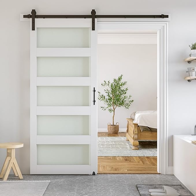 SmartStandard 36 x 84 in Glass Barn Door with 6.6FT Sliding Hardware Kit & Handle, Pre-Drilled Ready to Assemble, Waterproof PVC Coating, White, 5-Panel Glass